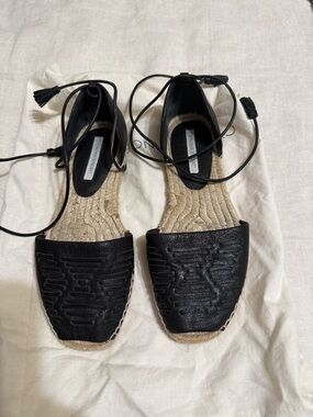 Cynthia Vincent Black Leather Lace-Up Espadrilles
